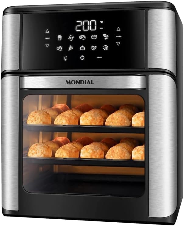 Mondial Fritadeira Air Fryer Forno Oven 12L em uso com alimentos dentro