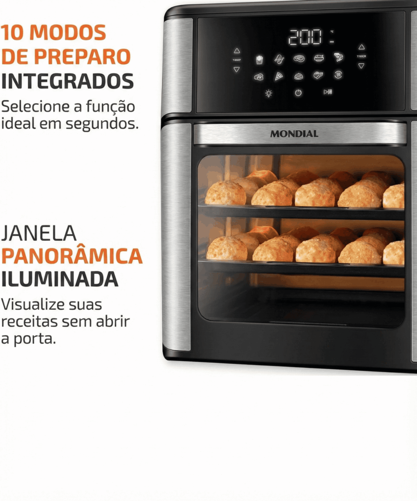 Mondial Fritadeira Air Fryer Forno Oven 12L vista frontal com acabamento em destaque