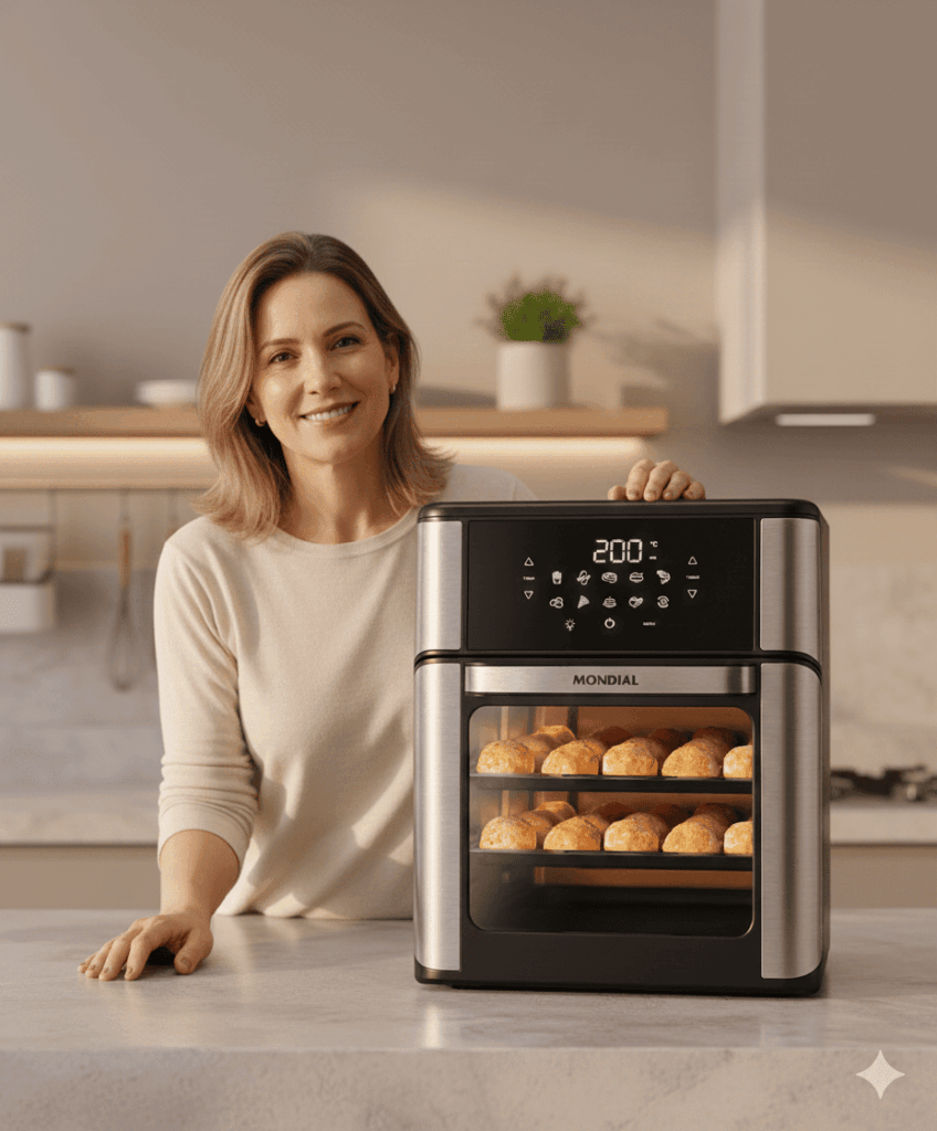 Mondial Fritadeira Air Fryer Forno Oven 12L assando alimentos no modo forno