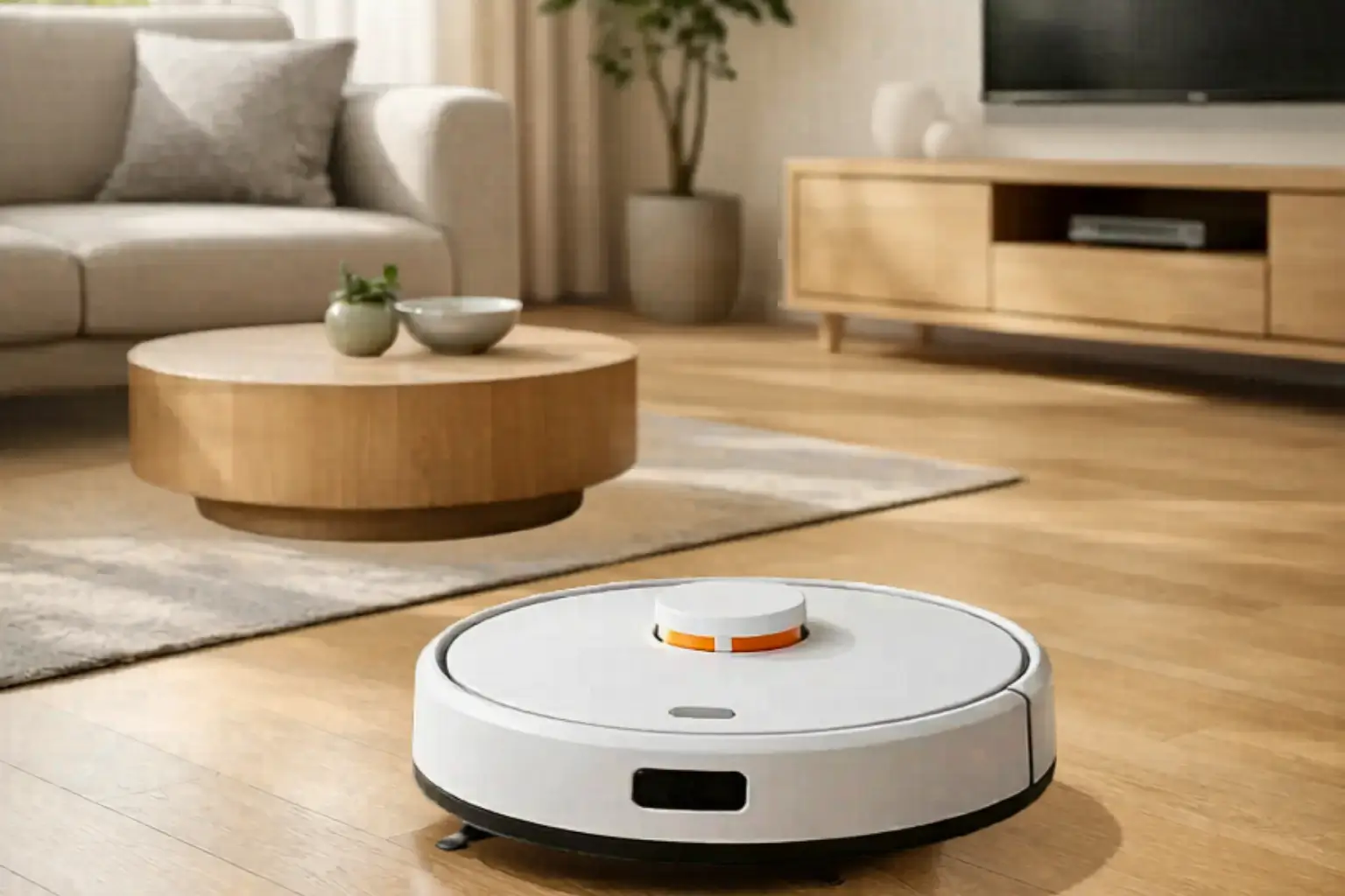 robô aspirador xiaomi limpando sala moderna