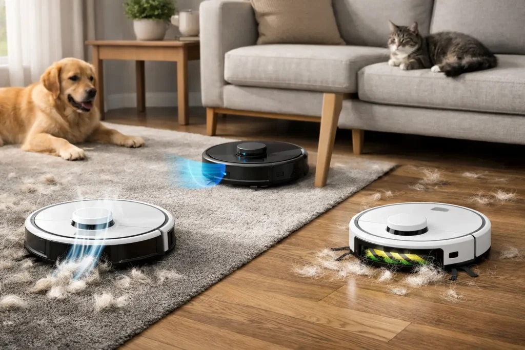 robô aspirador xiaomi limpando pelos de cachorro e gato em casa com pets